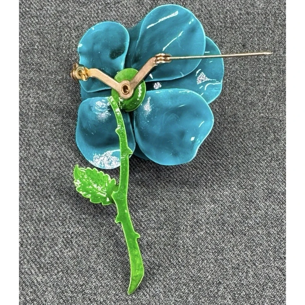 Vintage Enamel Flower Brooch Blue Green 3